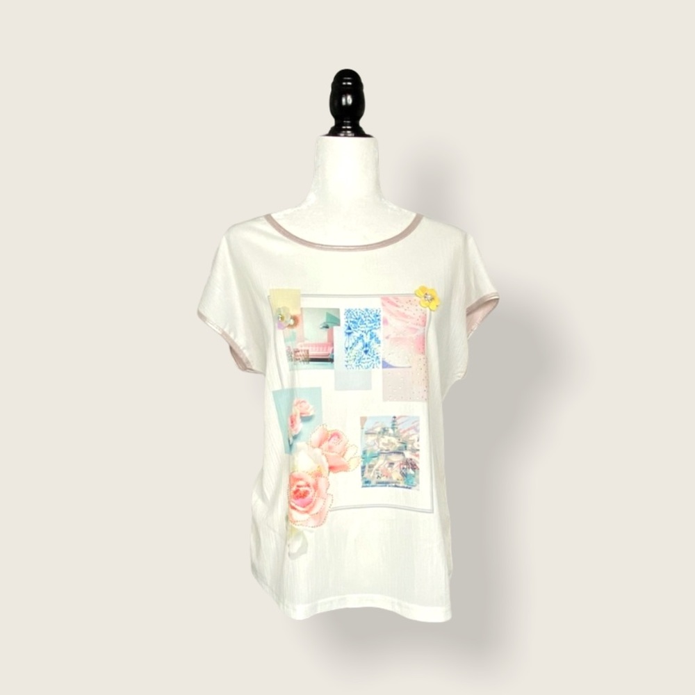 NESS Light Pink Mixed Media Graphic/Floral Blouse
